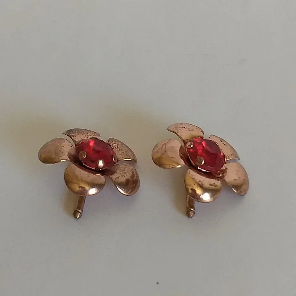 Copper Tone Red Rhinestone Cufflinks Spring Floral Flower Glam Party Fun